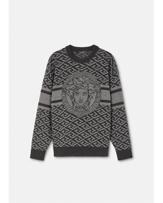 Versace Wool La Greca Medusa Jacquard Sweater in Gray for Men | Lyst