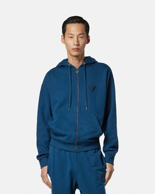 Versace Blue Embroidered Cotton-Jersey Zip Hoodie for men