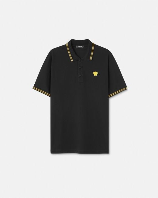 Versace Black Embroidered Cotton Piqué Polo for men