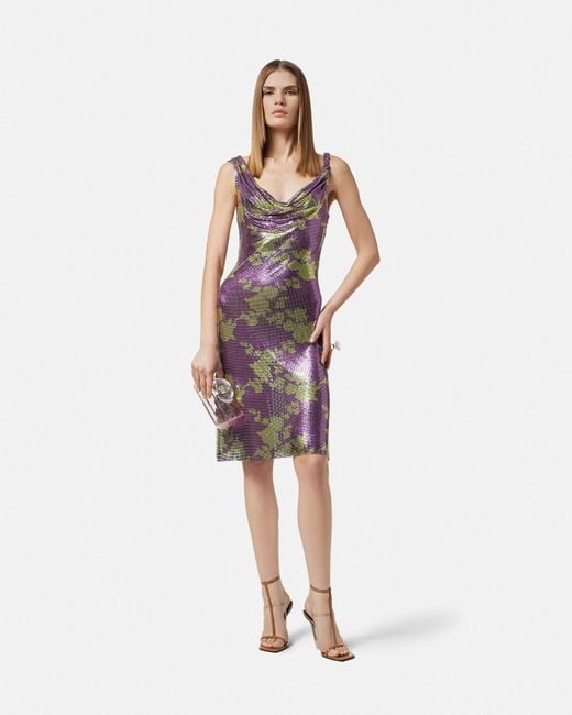 Versace Purple Drapiertes Metall-Mesh-Midikleid Wild Roses