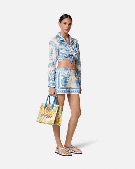 Versace Blue Underwater Barocco Knotted Crop Cotton Shirt