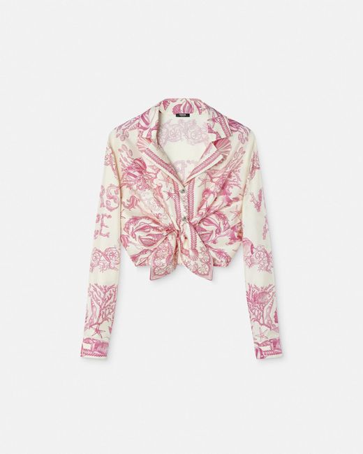 Versace Pink Underwater Barocco Knotted Crop Silk Shirt