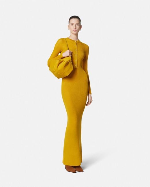 Versace Yellow Merino Wool Ribbed Knit Maxi Dress