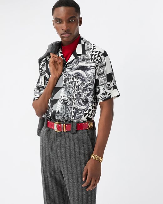 Versace Black Printed Silk Twill Regular Shirt for men