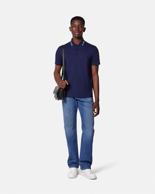 Versace Blue Embroidered Cotton Piqué Polo for men