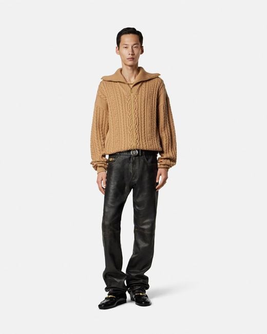 Versace Natural Embroidered Wool Knit Zip Sweater for men