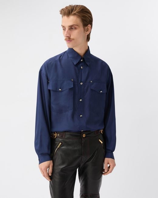 Versace Blue Embroidered-Detail Silk-Poplin Shirt for men