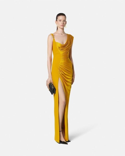 Versace Yellow Embellished Crepe And Pleated Satin Gown