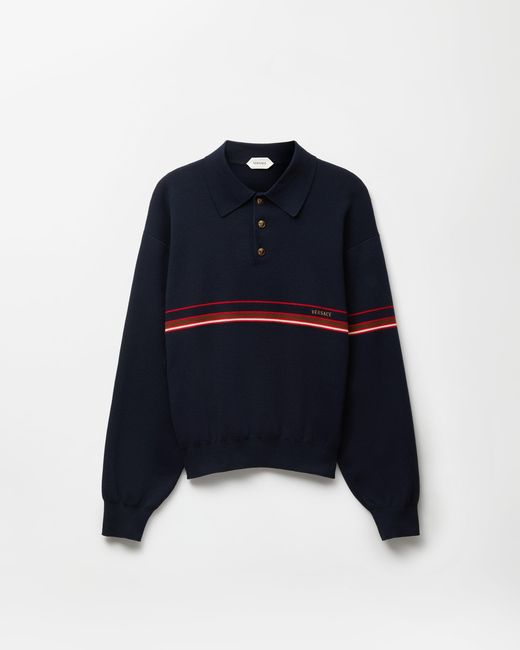 Versace Blue Embroidered-Logo Cotton Knit Polo for men