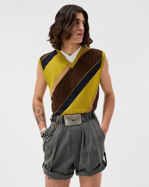 Versace Yellow Intarsia-Wool & Leather Patchwork Vest for men