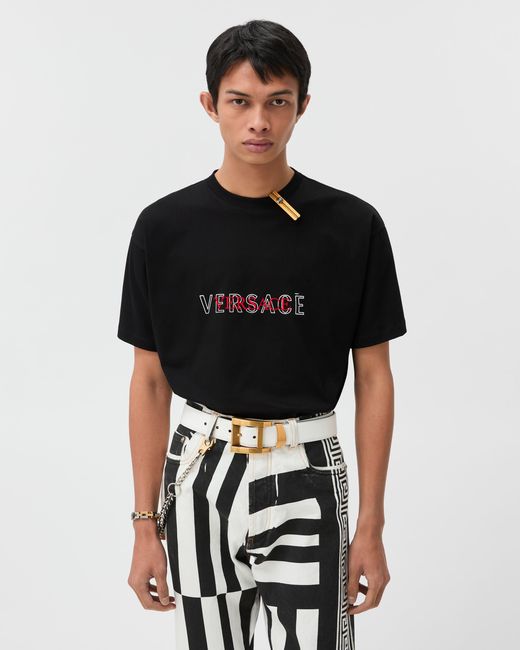 Versace Black Embroidered-Logo Cotton-Jersey Regular T-Shirt for men