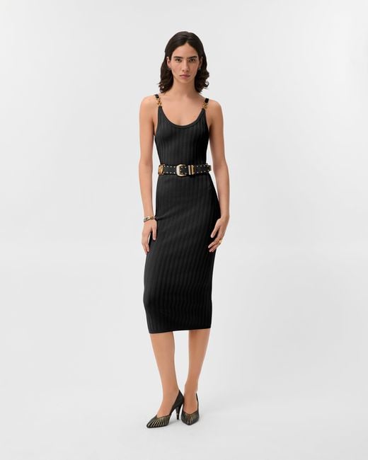 Versace Black Viscose Mesh Ribbed Knit Midi Dress