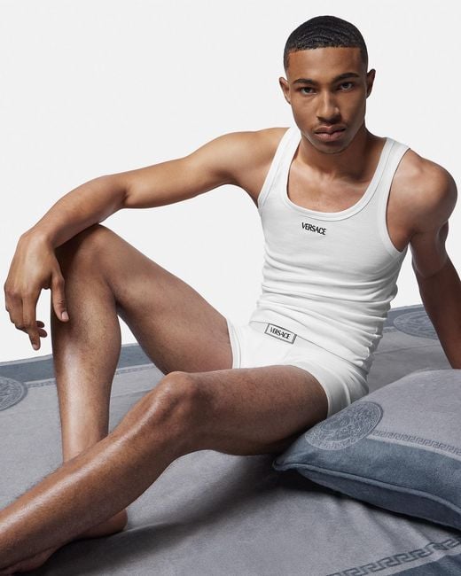 Versace White '90s Logo Ribbed Long Trunks for men