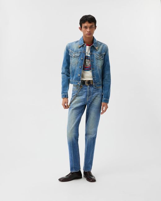Versace Blue Distressed Straight Jeans for men