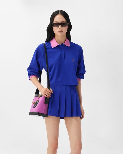 Versace Blue Embroidered-Logo Cotton Piqué Pleated Mini Skirt