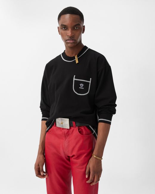 Versace Black Embroidered-Logo Stretch Cotton Jersey T-Shirt for men