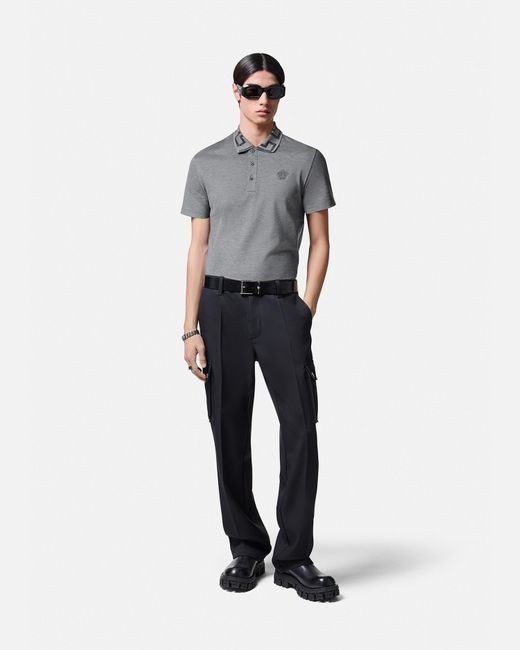 Versace Gray Greca Short-sleeved Polo Shirt for men