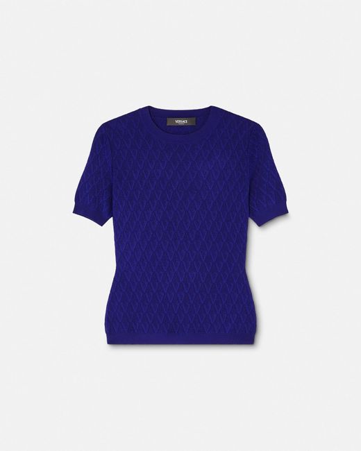 Versace Blue Textured-Knit Short-Sleeve Top
