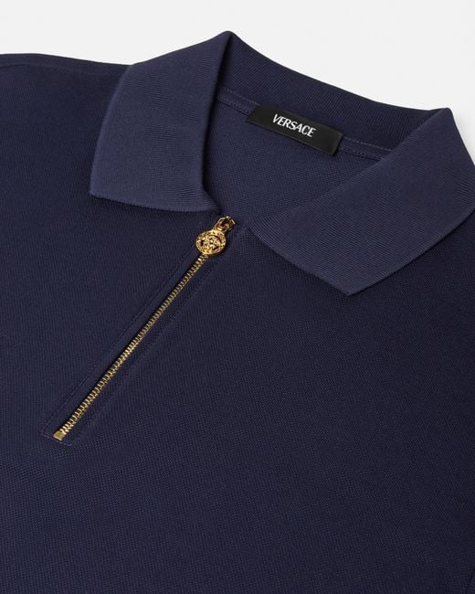 Versace Blue Embroidered Cotton-Piqué Half-Zip Polo for men