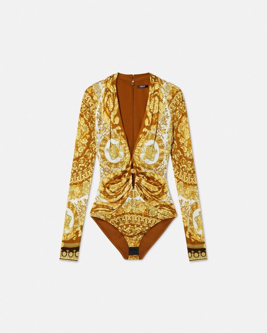 Body Aderente Barocco Safety Pin di Versace in Metallic