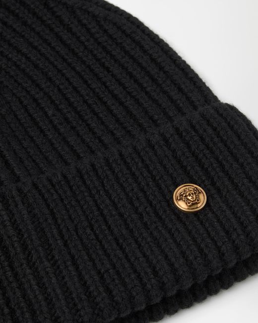 Versace Black Ribbed Wool Knit Beanie