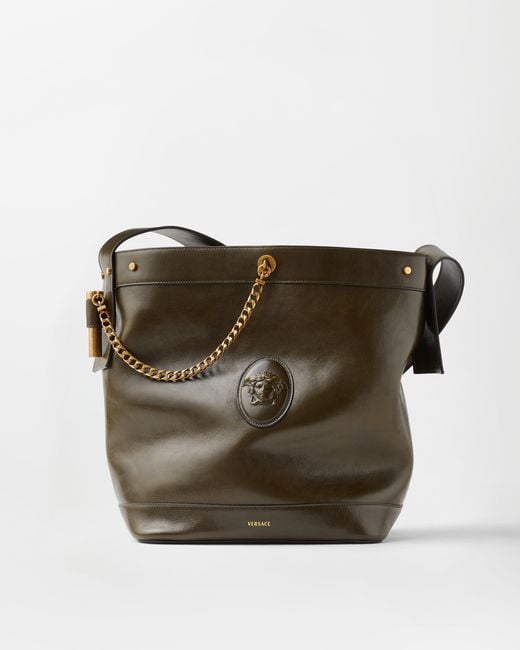 Versace Green Pivot Large Leather Bucket Bag