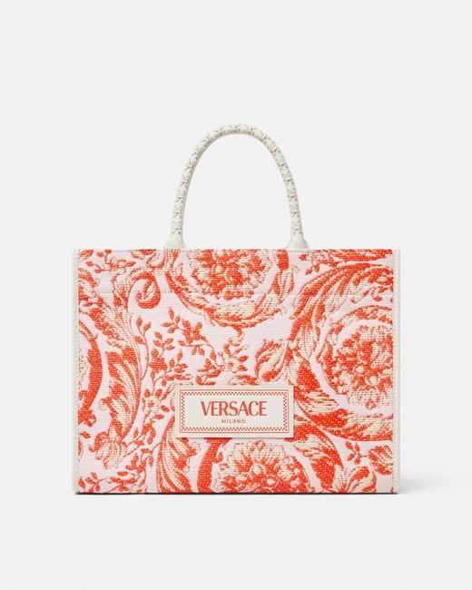 Versace Red Barocco Athena Raffia Medium Tote Bag