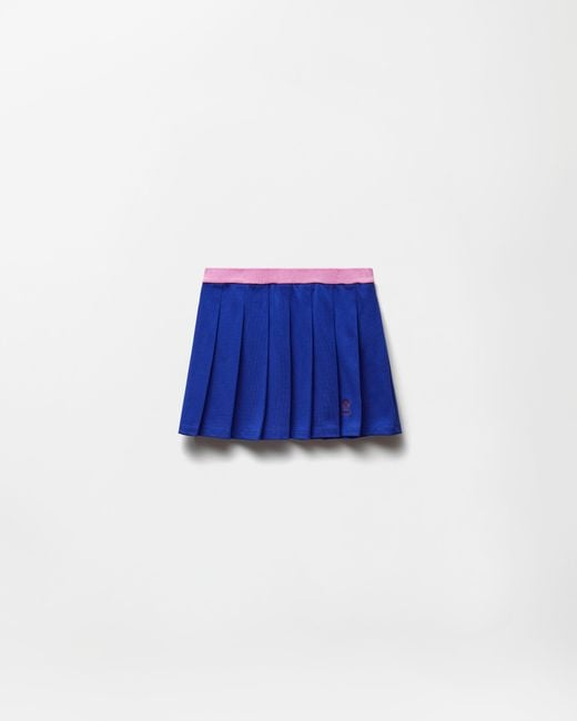 Versace Blue Embroidered-Logo Cotton Piqué Pleated Mini Skirt