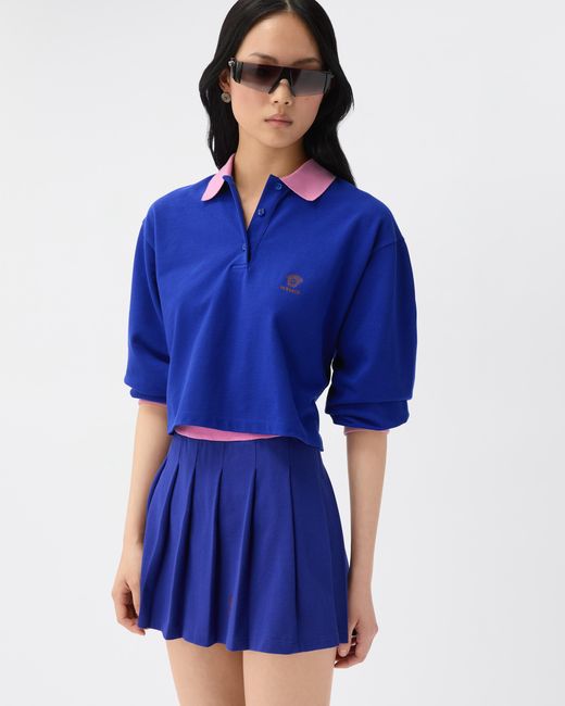Versace Blue Embroidered-Logo Cotton Piqué Long-Sleeved Polo