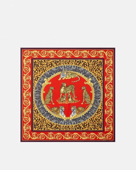 Versace Red Wild Cats Large Silk Foulard 35"
