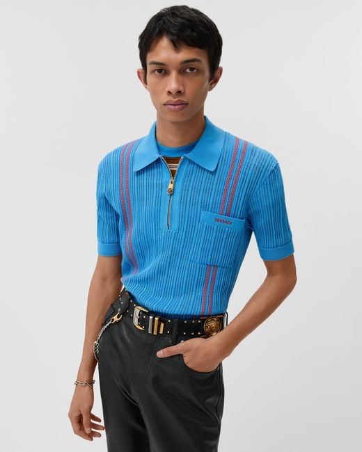 Versace Blue Embroidered-Logo Cotton Knit Polo Shirt for men
