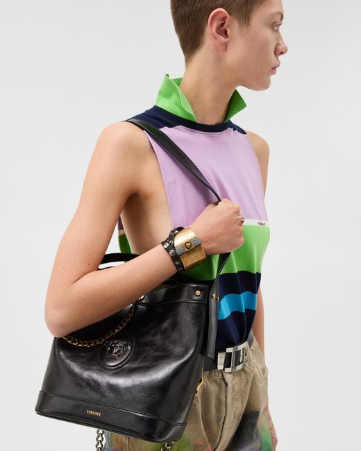 Versace Black Pivot Small Leather Bucket Bag
