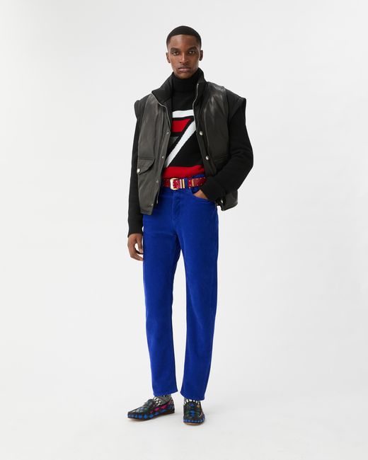 Versace Blue Straight Corduroy Velvet Pants for men