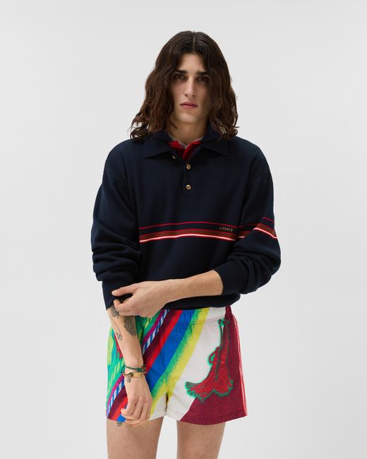 Versace Blue Embroidered-Logo Cotton Knit Polo for men