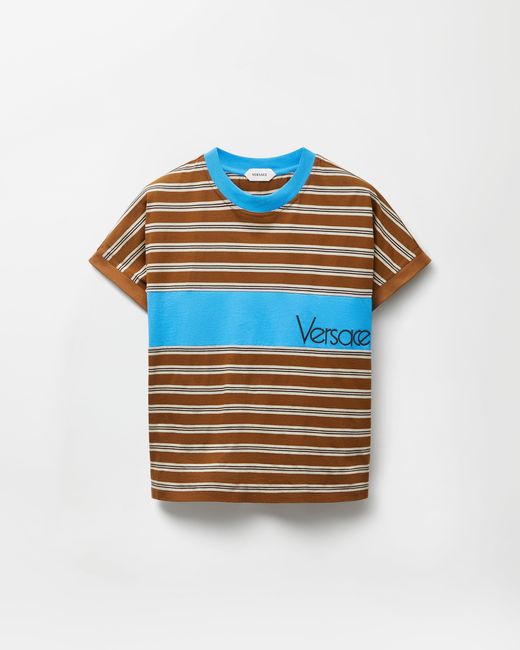 Versace Blue Embroidered-Logo Striped-Intarsia Cotton T-Shirt for men