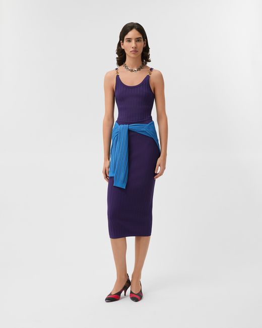 Versace Purple Stretch Viscose Mesh Ribbed Knit Midi Skirt