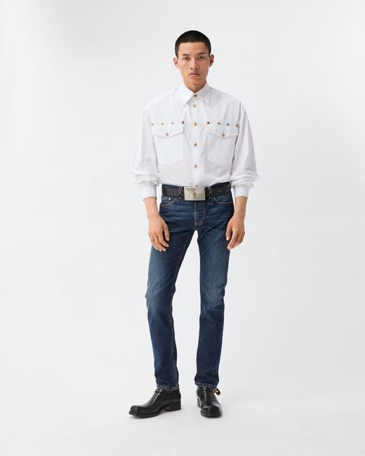 Versace Blue Embroidered-Detail Slim Jeans for men