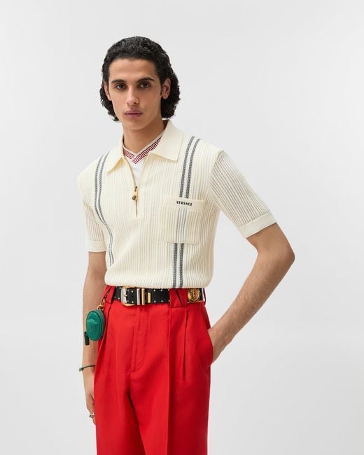 Versace Natural Embroidered-Logo Cotton Knit Polo Shirt for men