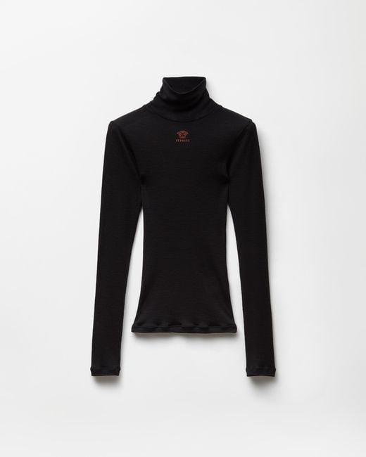 Versace Black Embroidered-Logo Wool Knit Turtleneck