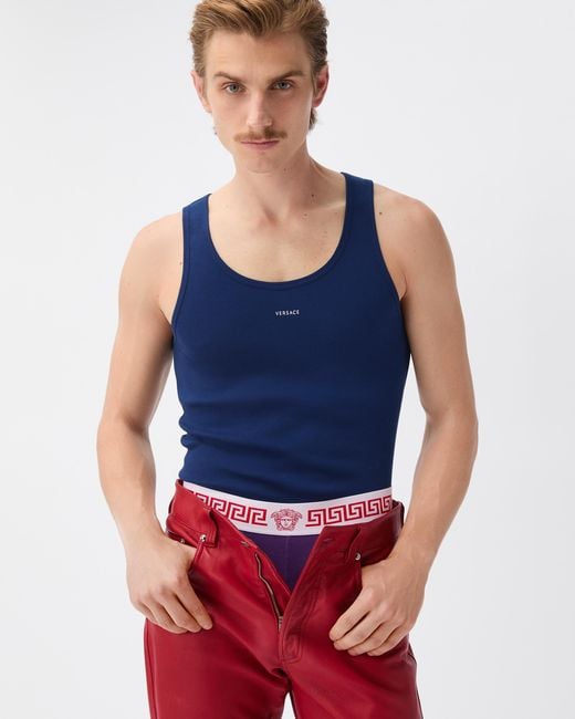 Versace Blue Embroidered-Logo Ribbed Cotton-Jersey Tank Top for men