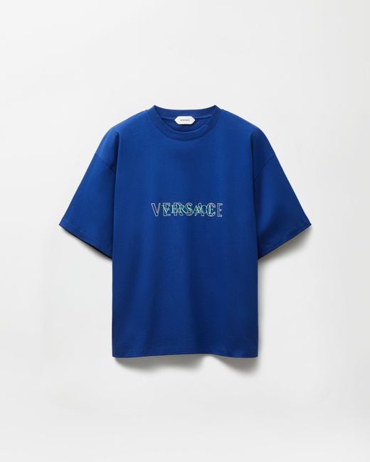 Versace Blue Embroidered-Logo Cotton-Jersey Regular T-Shirt for men