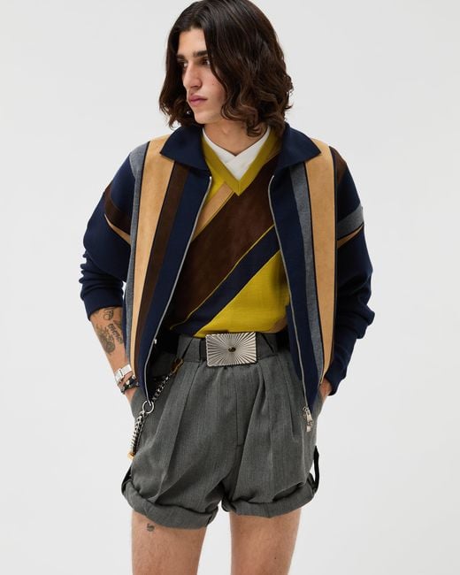 Versace Blue Intarsia-Wool & Leather Patchwork Zip Sweater for men