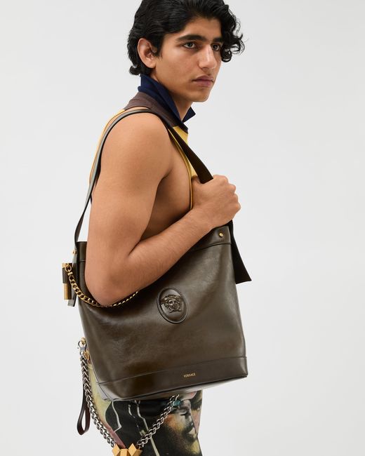 Versace Green Pivot Large Leather Bucket Bag