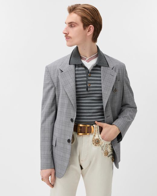 Versace Gray Prince Of Wales Wool Blazer for men