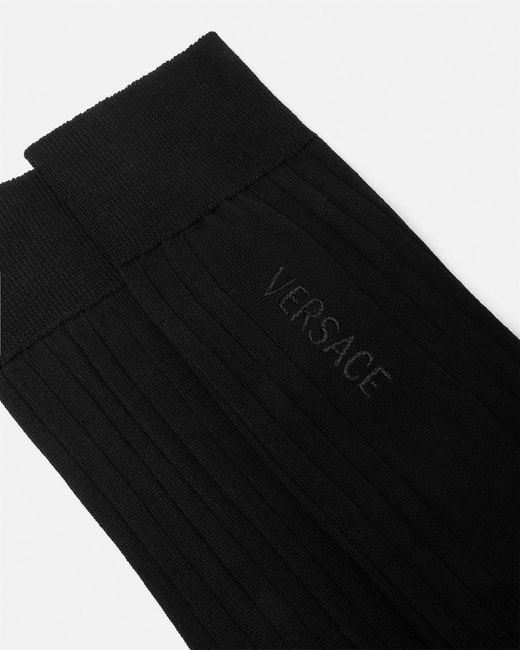 Versace Black Embroidered Ribbed Cotton Socks for men