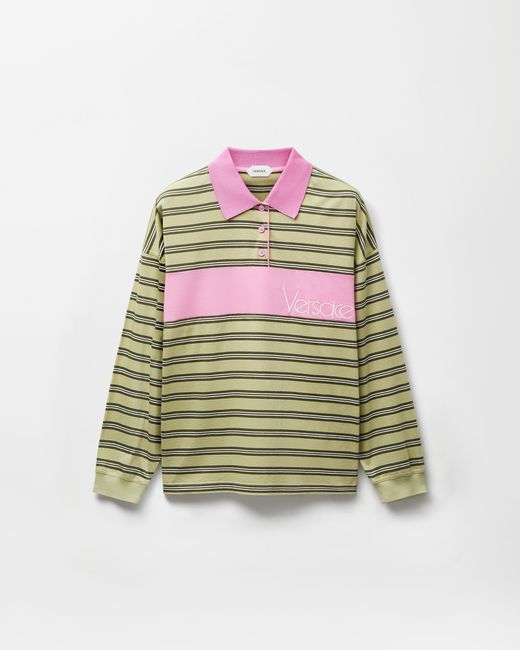 Versace Green Embroidered-Logo Striped-Intarsia Cotton Polo
