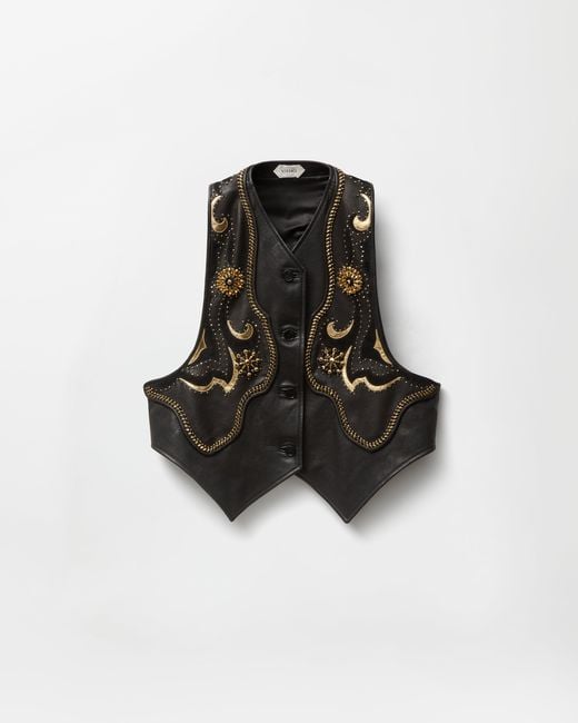 Chaleco De Piel Con Bordado Versace de color Black