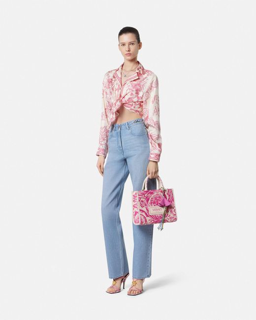 Versace Pink Underwater Barocco Knotted Crop Silk Shirt