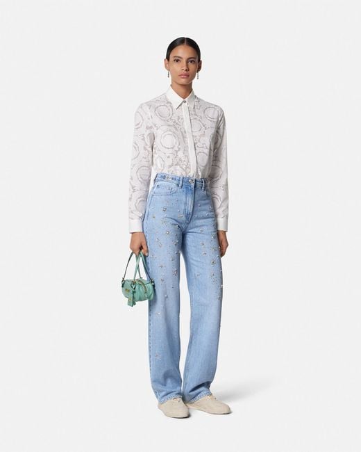 Versace Blue Embellished High-Waist Regular-Fit Jeans