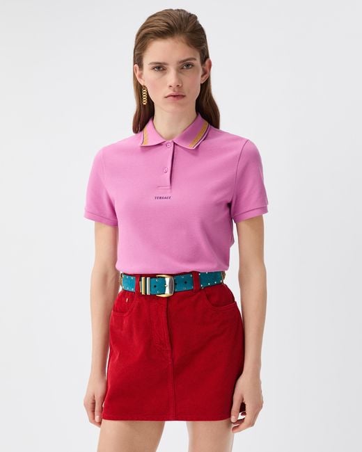 Versace Pink Embroidered-Logo Cotton Piqué Polo